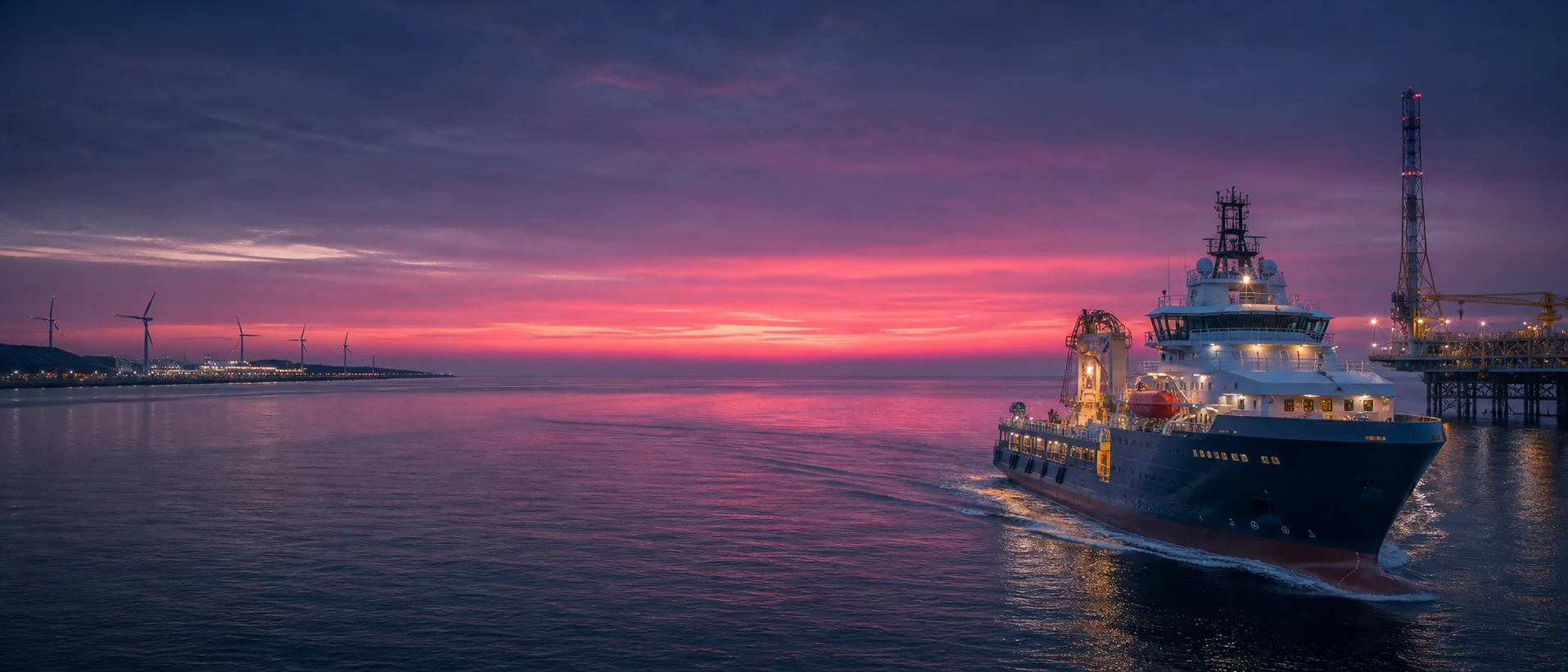 Offshore support vessel operating between marine and renewable energy infrastructure at dawn